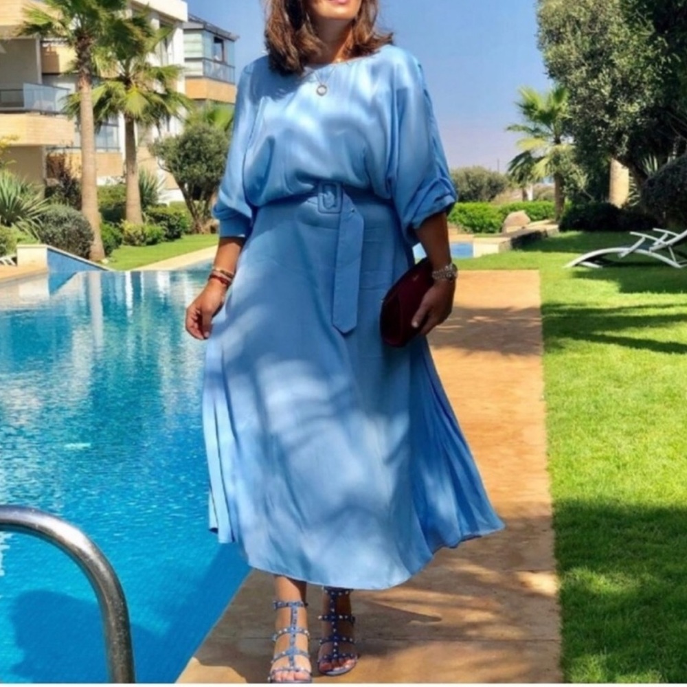 ZARA Baby Blue Belted Satin Effect Midi Dress - Picture 5 of 14